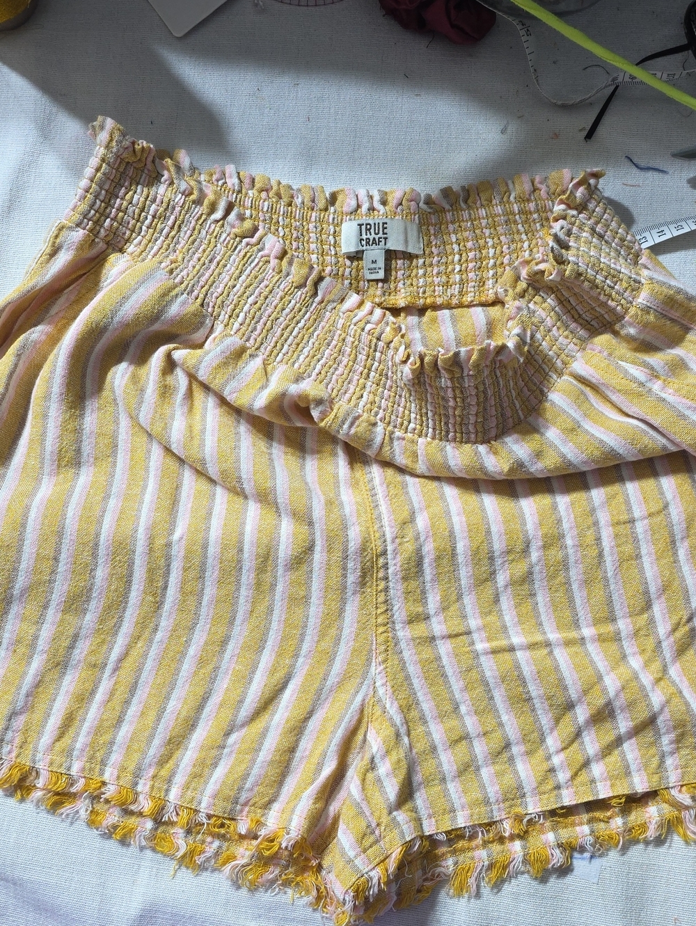 True Craft Yellow and White Striped High Waist Smocked Shorts
